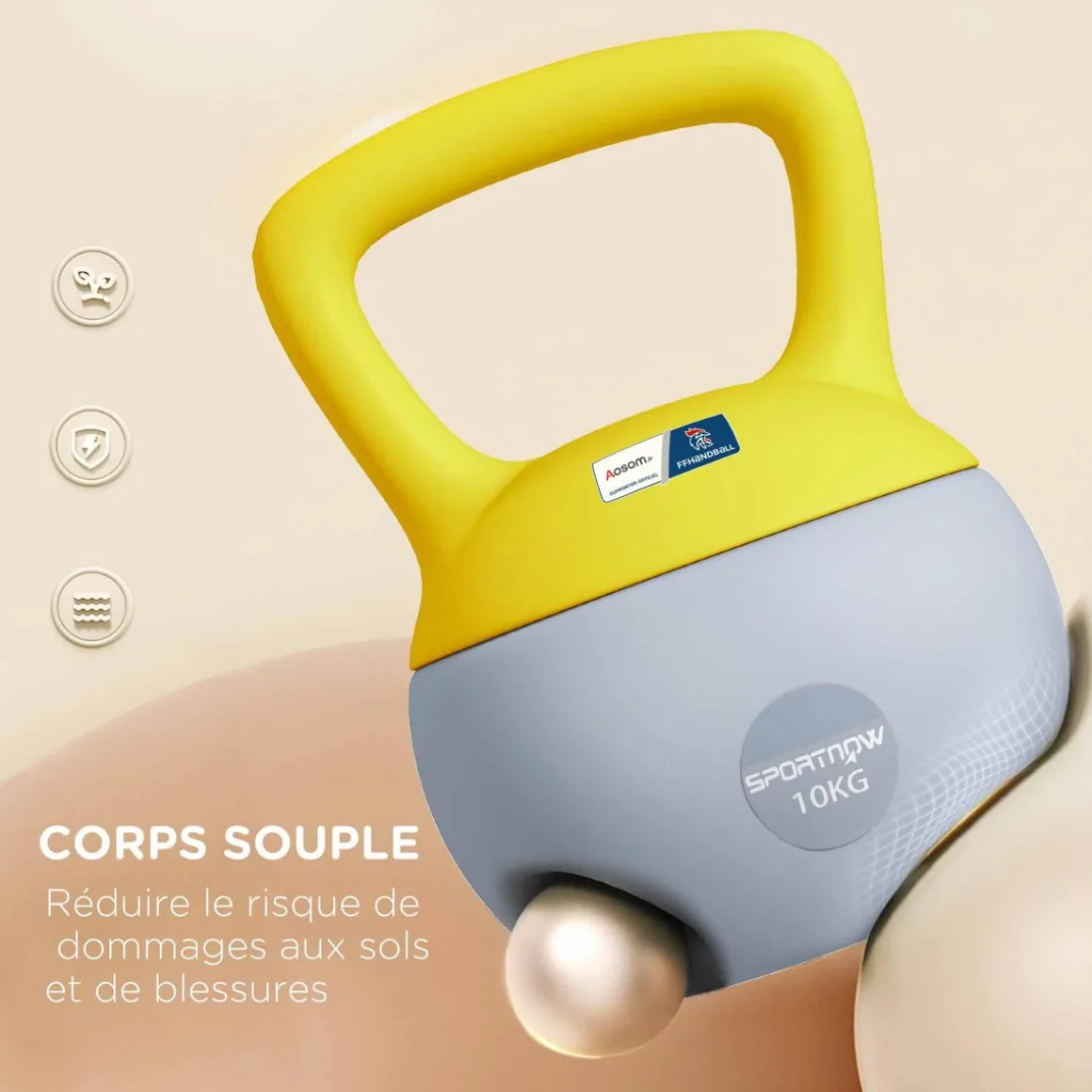 Kettlebell 10 Kg collaboration Aosom.fr x FFHandball - prise ergonomique - PVC gris jaune