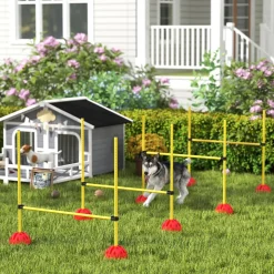 Kit d'agilité pour chien - 4 obstacles haies réglables en hauteur, sac de transport - plastique jaune rouge