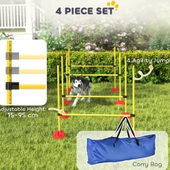 Kit d'agilité pour chien - 4 obstacles haies réglables en hauteur, sac de transport - plastique jaune rouge