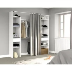 Kit dressing ARTIC avec rideau - Décor Blanc - 2 colonnes + 2 penderies + 2 tiroirs - L 198 x P 40 x H 203 cm - EKIPA