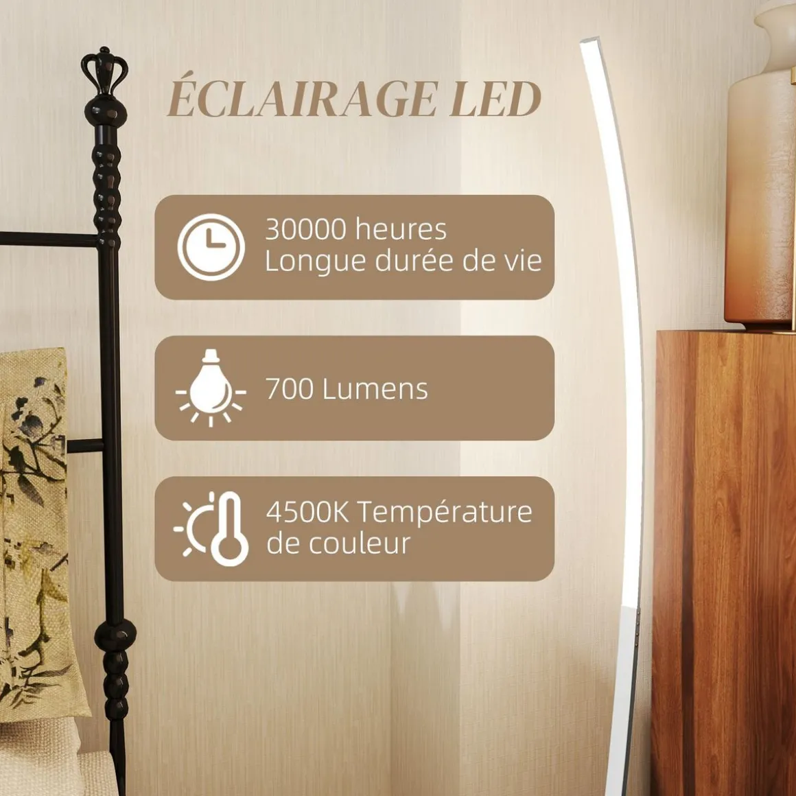 Lampadaire arc design LED - luminosité réglable - H.147 cm - alliage alu.