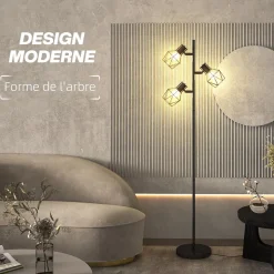 Lampadaire design industriel 3 ampoules max. 40W H.169 cm abat-jour cage métal noir