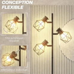 Lampadaire design industriel 3 ampoules max. 40W H.169 cm abat-jour cage métal noir