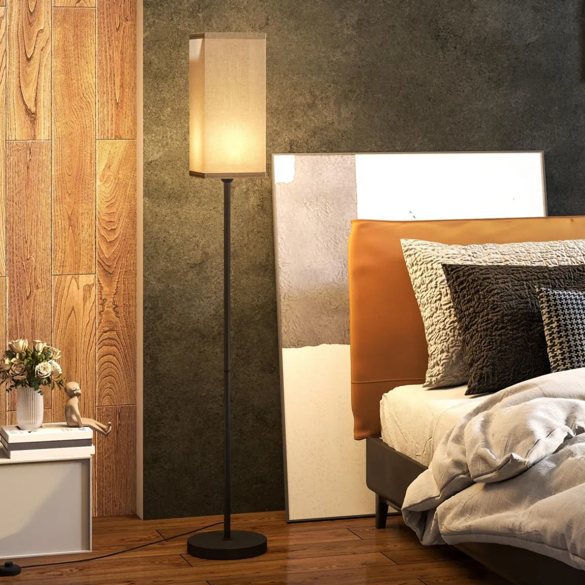 Lampadaire droit style contemporain H.161 cm métal noir abat-jour beige effet lin