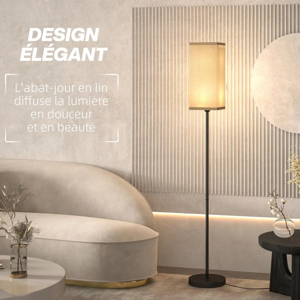 Lampadaire droit style contemporain H.161 cm métal noir abat-jour beige effet lin