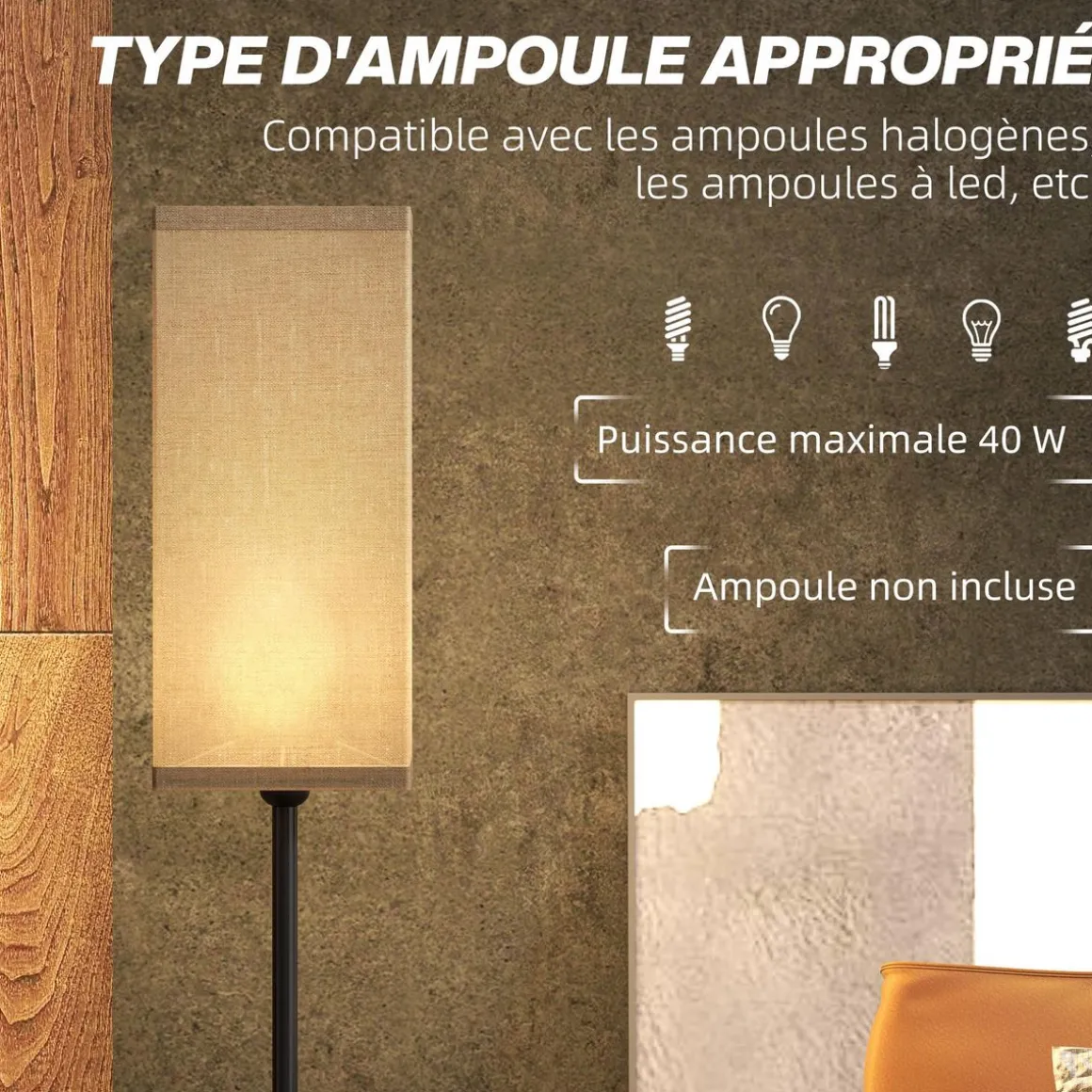 Lampadaire droit style contemporain H.161 cm métal noir abat-jour beige effet lin