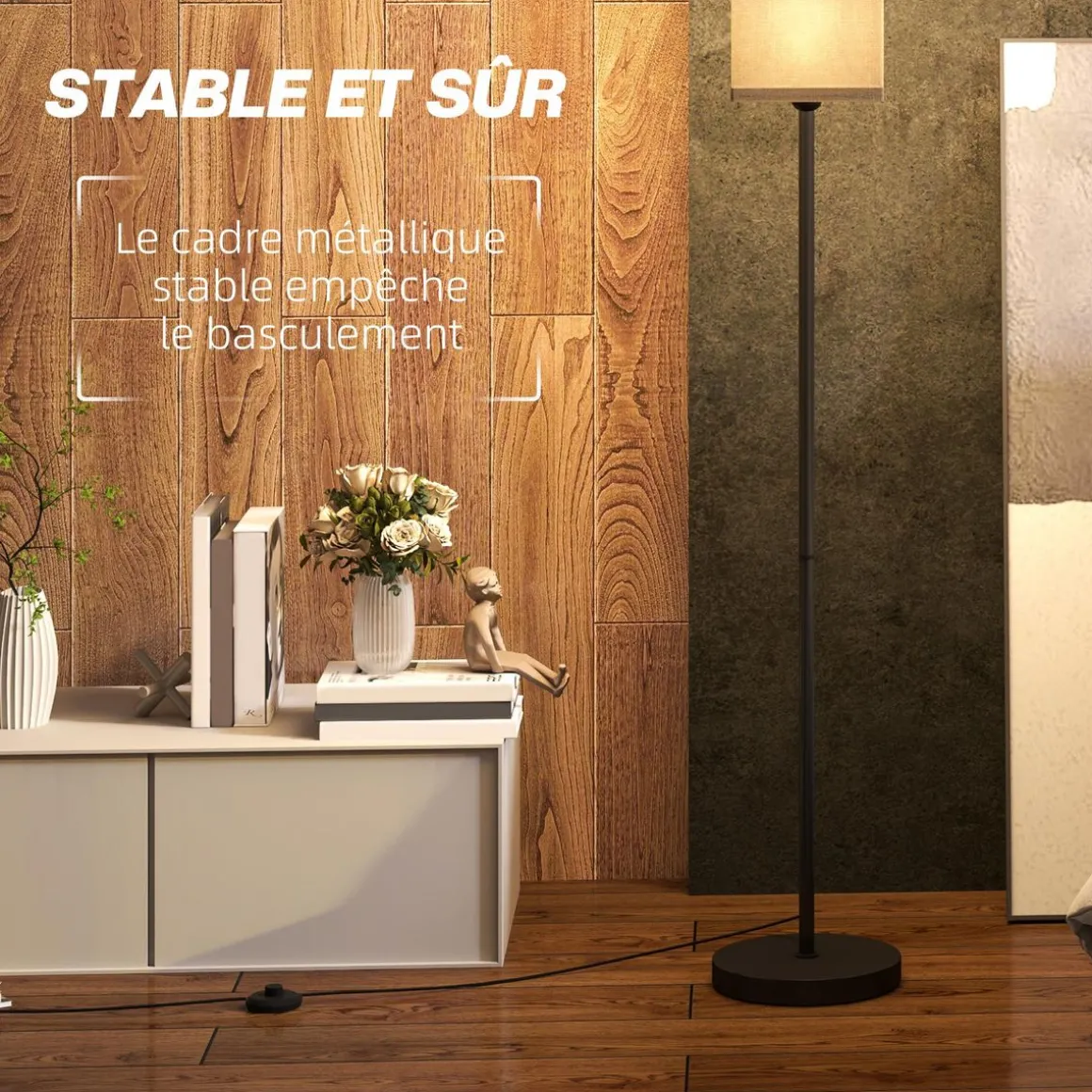 Lampadaire droit style contemporain H.161 cm métal noir abat-jour beige effet lin