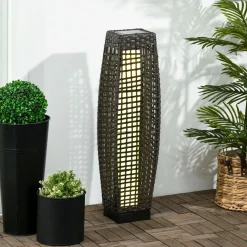 Lampadaire LED solaire de jardin style colonial dim. 21L x 21l x 78H cm résine tressée filaire grise