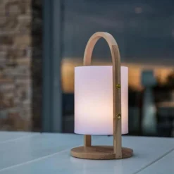 Lanterne LED Woody - LUMISKY - Blanc - Design scandinave - Poignée en bois naturel - Autonomie 10h