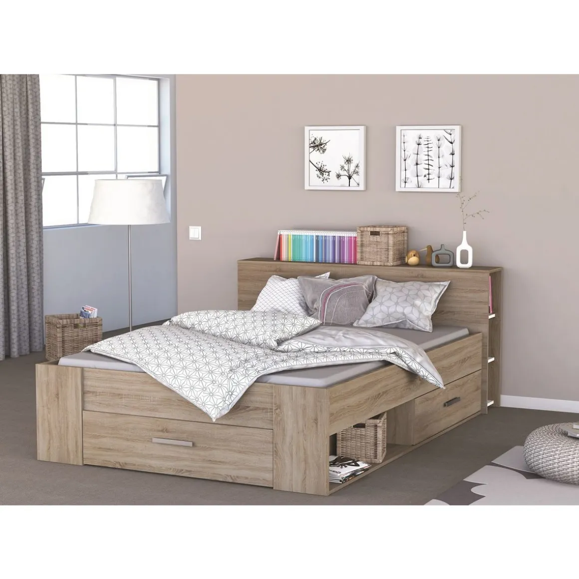 Lit 140 x190 cm avec tête de lit et rangements ILIAN