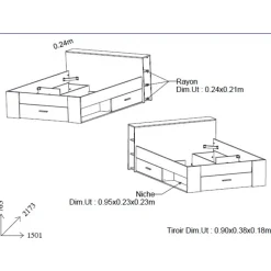 Lit 140 x190 cm avec tête de lit et rangements ILIAN