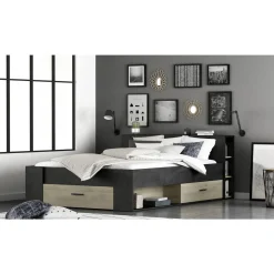 Lit 140 x190 cm avec tête de lit et rangements ILIAN