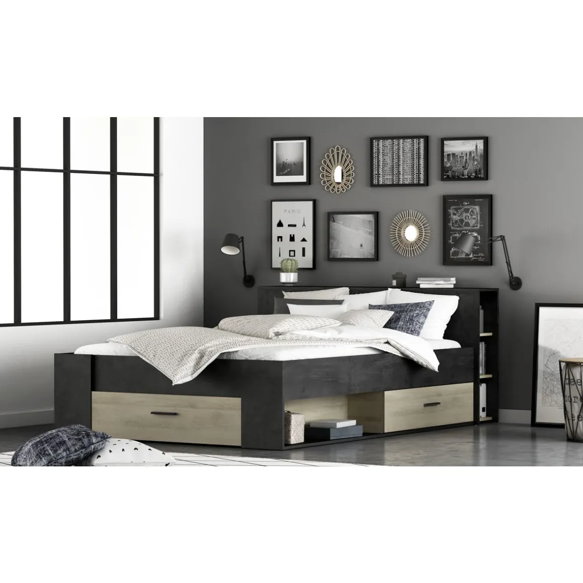 Lit 140 x190 cm avec tête de lit et rangements ILIAN