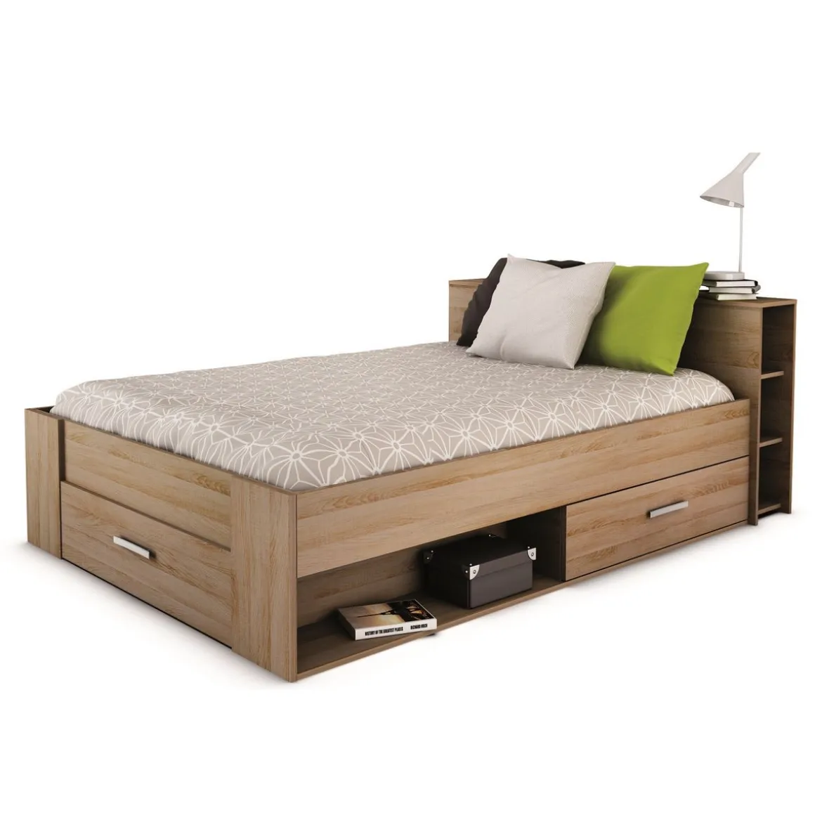 Lit 140 x190 cm avec tête de lit et rangements ILIAN