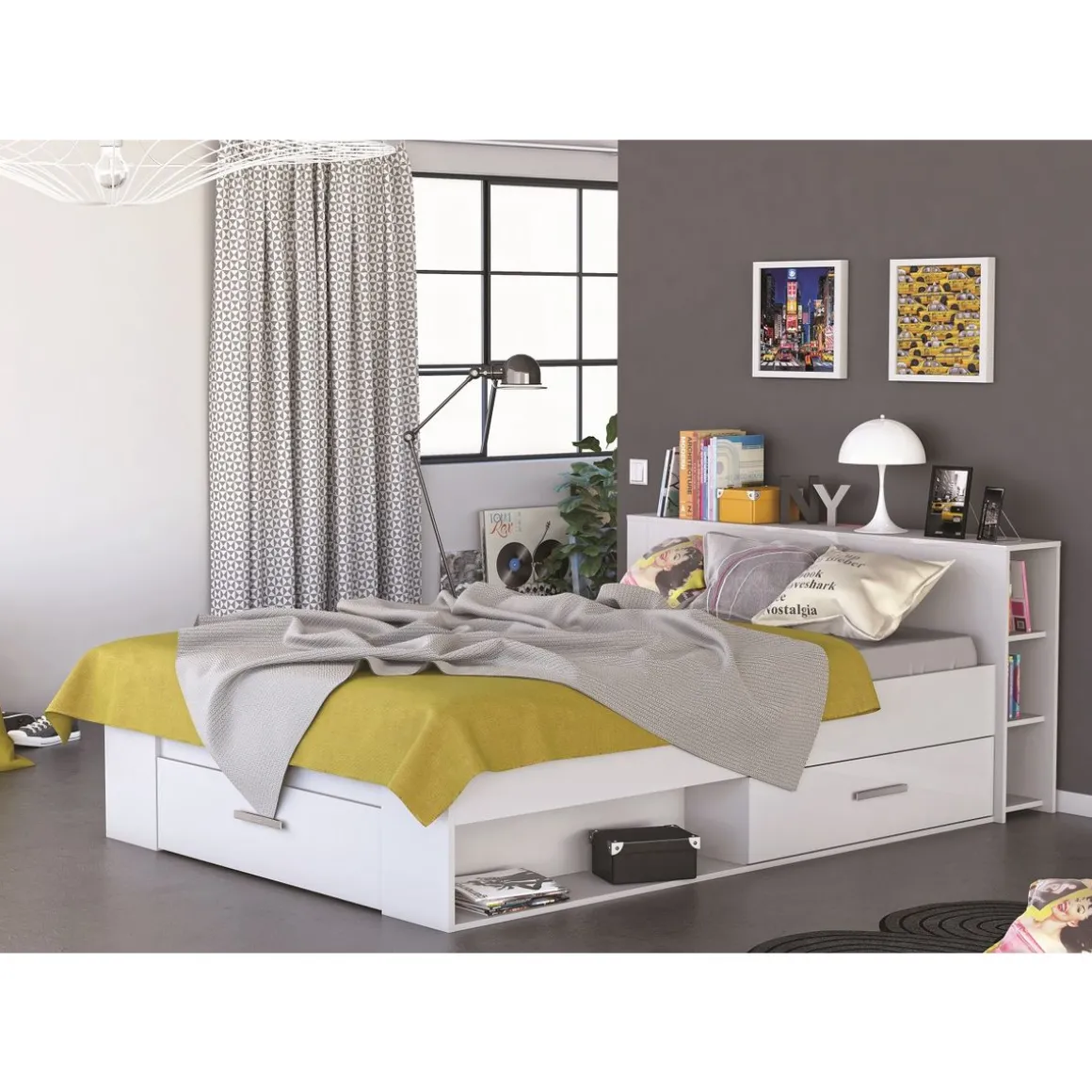 Lit 140 x190 cm avec tête de lit et rangements ILIAN