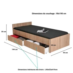 Lit avec rangements 90x190 cm, 2 tiroirs et tête de lit CAMA