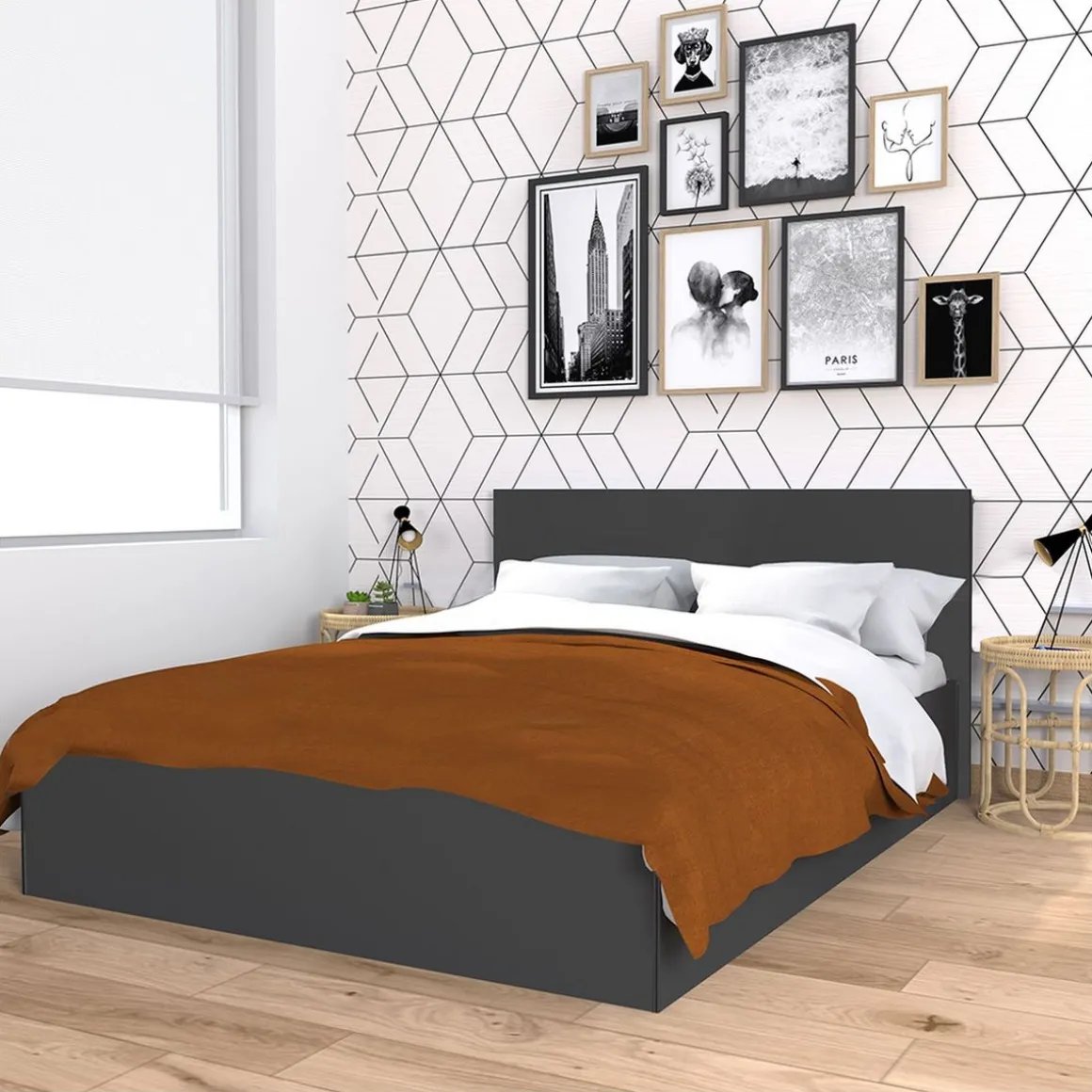 Lit coffre avec sommier relevable et tête de lit 140x190 cm MADRID