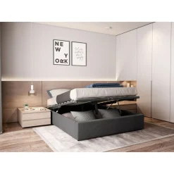 Lit coffre tissu avec sommier relevable 160x200 cm LEO