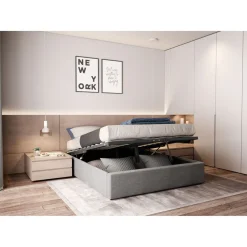 Lit coffre tissu avec sommier relevable 160x200 cm LEO