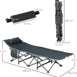 Lit de camp lit d'appoint pliable dim. 188L x 64,5l x 53H cm pochette rangement, tétière, sac de transport inclus métal Oxford gris