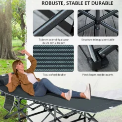 Lit de camp lit d'appoint pliable dim. 188L x 64,5l x 53H cm pochette rangement, tétière, sac de transport inclus métal Oxford gris