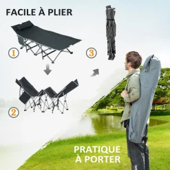 Lit de camp lit d'appoint pliable dim. 188L x 64,5l x 53H cm pochette rangement, tétière, sac de transport inclus métal Oxford gris