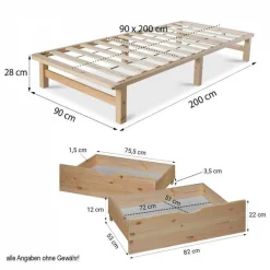 Lit en palette moderne 90x200 cm avec 2 tiroirs et sommier à lattes