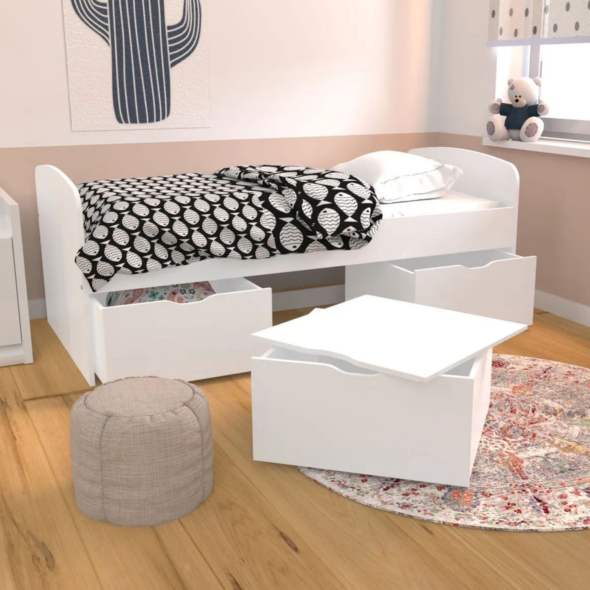 Lit enfant 90 x 190 cm + 3 tiroirs dont 1 table basse + 1 sommier laqué blanc SIA