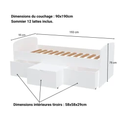 Lit enfant 90 x 190 cm + 3 tiroirs dont 1 table basse + 1 sommier laqué blanc SIA