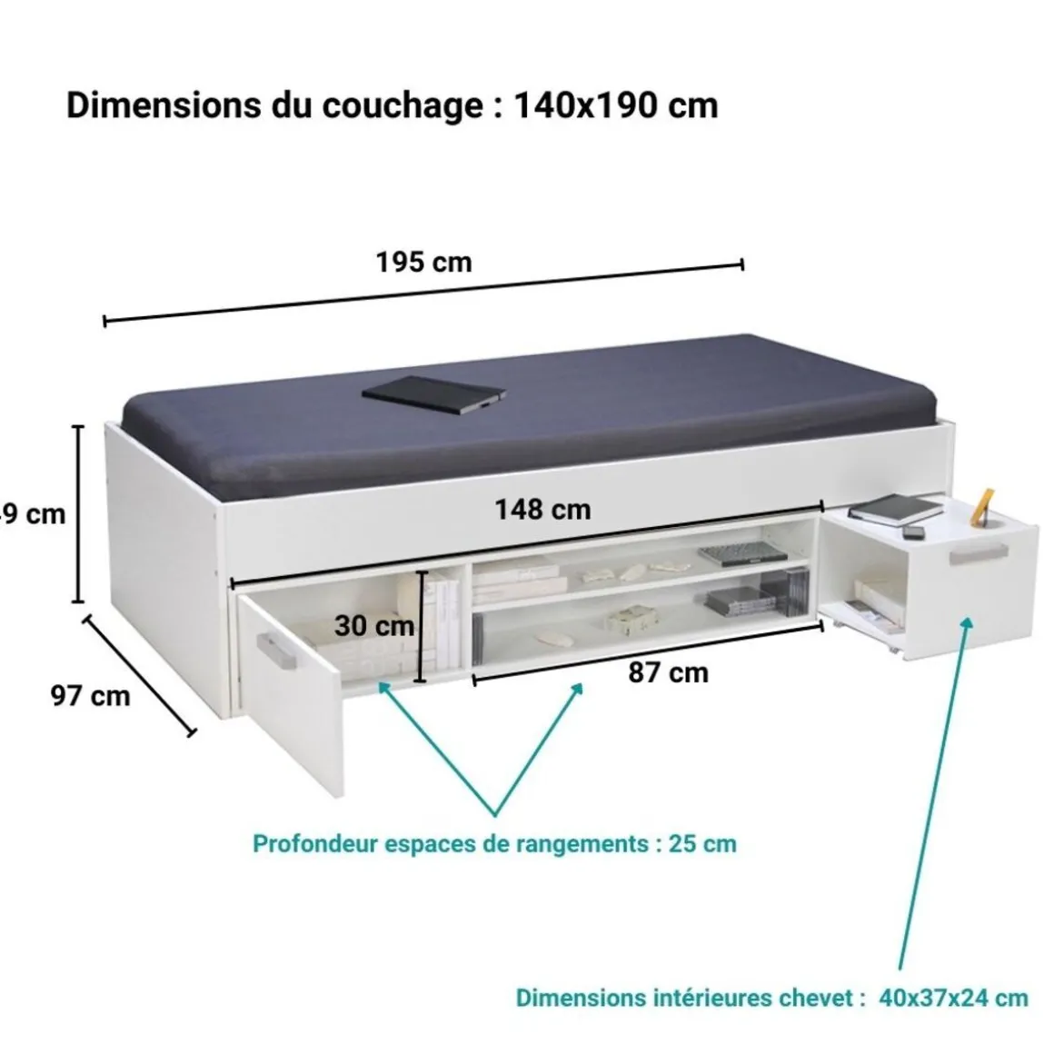 Lit enfant TEDY pour couchage 90x190cm avec chevet et rangements