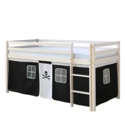 Lit mi- haut Blanc 90x200 en hauteur avec echelle et rideau Pirate