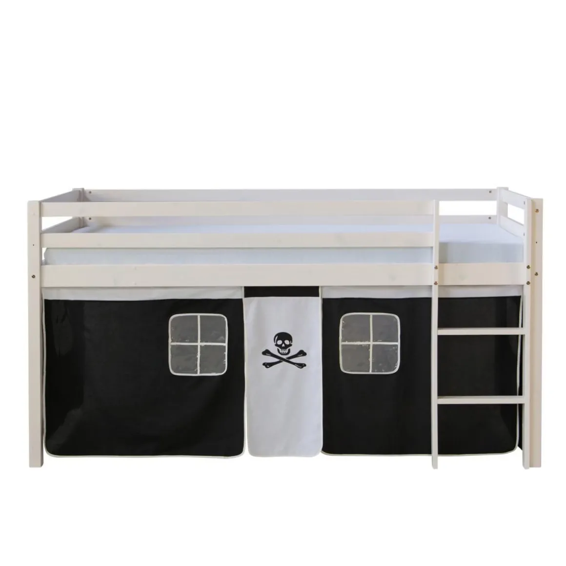 Lit mi- haut Blanc 90x200 en hauteur avec echelle et rideau Pirate