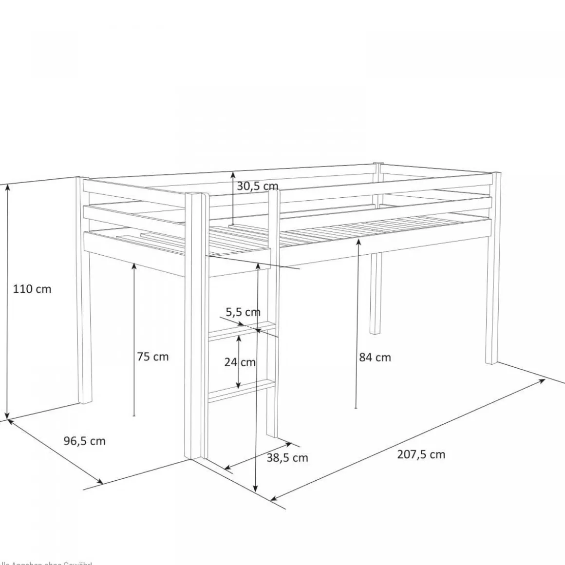Lit mi- haut Blanc 90x200 en hauteur avec echelle et rideau Pirate