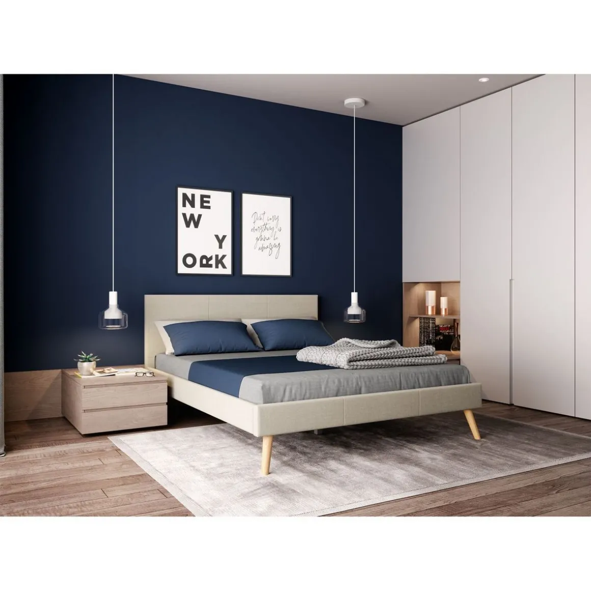 Lit scandinave tissu avec tête de lit et sommier 160x200 cm PORTIMAO