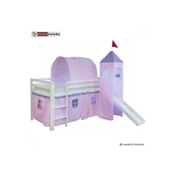 Lit Simple Blanc 90x200 en hauteur avec echelle Rideau Tour Tunnel Rose et toboggan