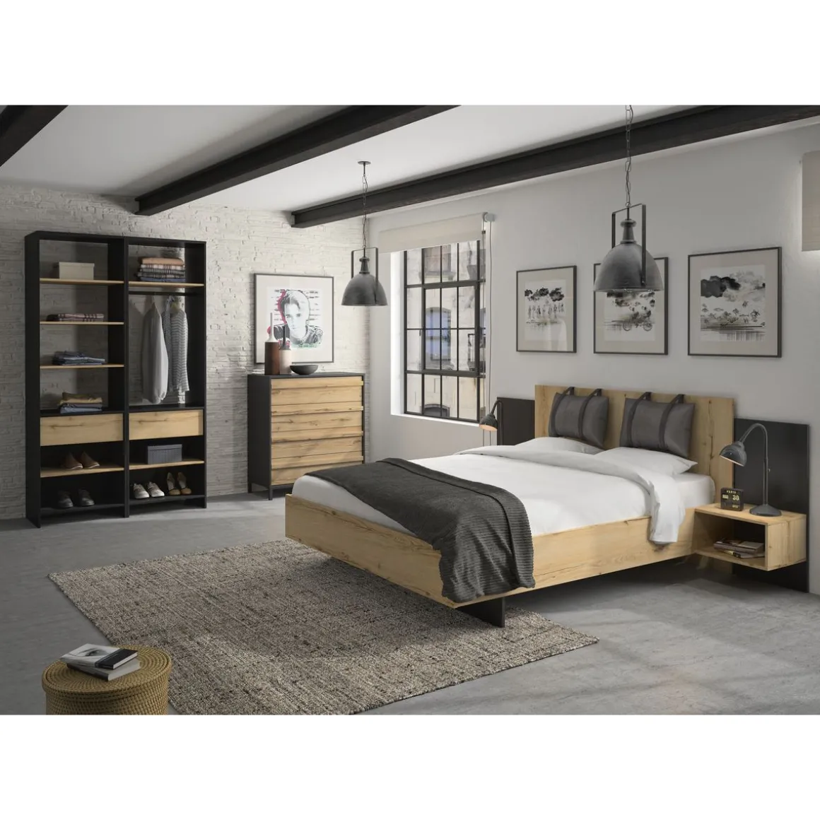 Lit 140x190 cm avec 2 chevets lambris intégrés MEZOS