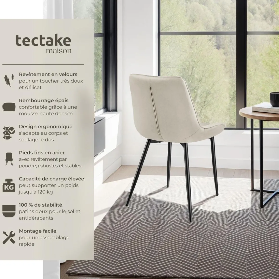 Lot 4 chaises assise ergonomique rembourrée aspect velours crème