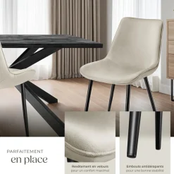 Lot 4 chaises assise ergonomique rembourrée aspect velours crème