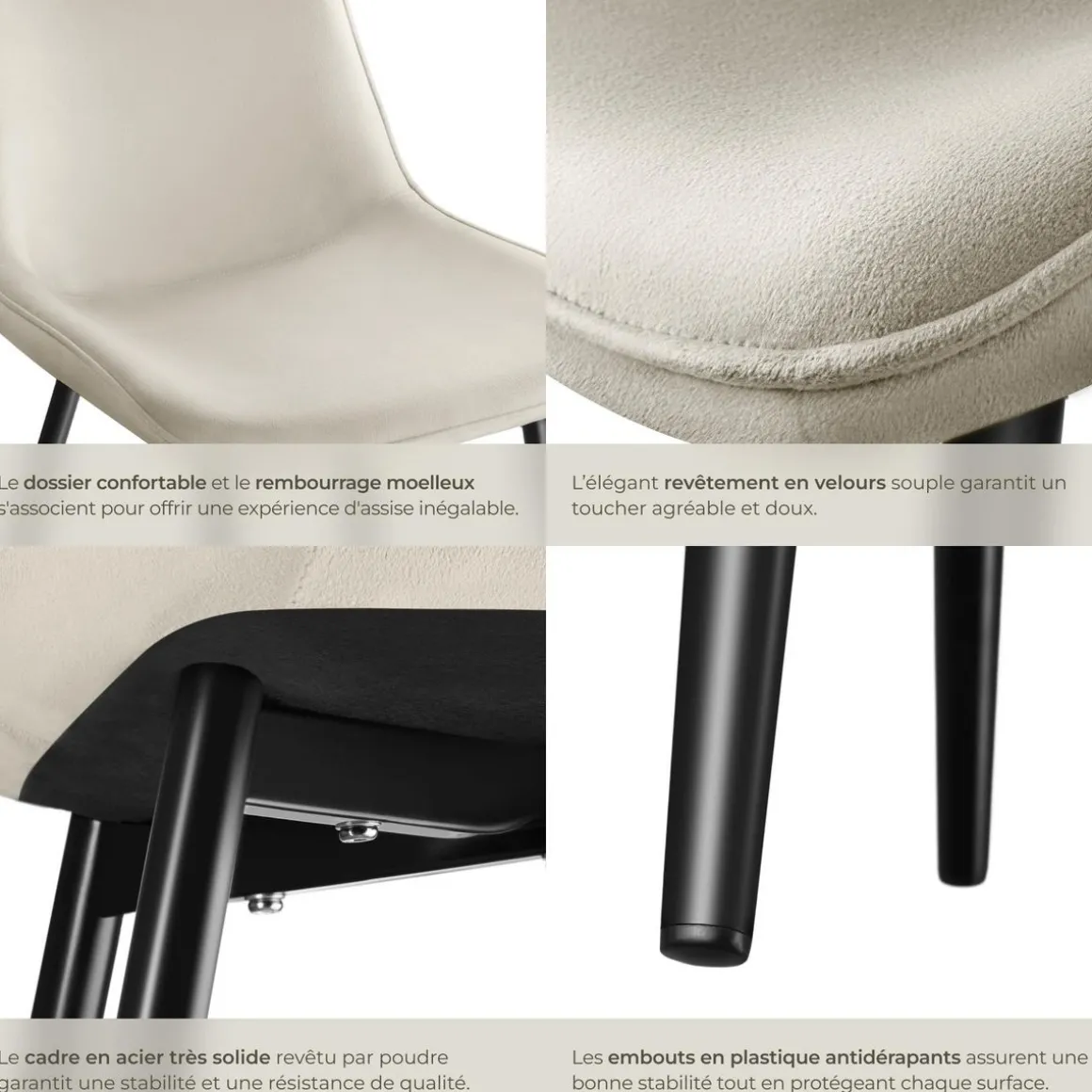 Lot 4 chaises assise ergonomique rembourrée aspect velours crème