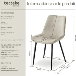 Lot 4 chaises assise ergonomique rembourrée aspect velours crème