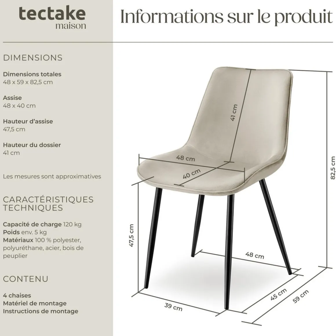 Lot 4 chaises assise ergonomique rembourrée aspect velours crème