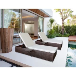 Lot de 2 bains de soleil en résine tressée avec coussins Alice - Beige