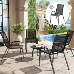 Lot de 4 chaises de jardin empilables - assise ergonomique, haut dossier, accoudoirs - acier textilène noir
