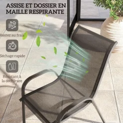 Lot de 4 chaises de jardin empilables - assise ergonomique, haut dossier, accoudoirs - acier textilène noir