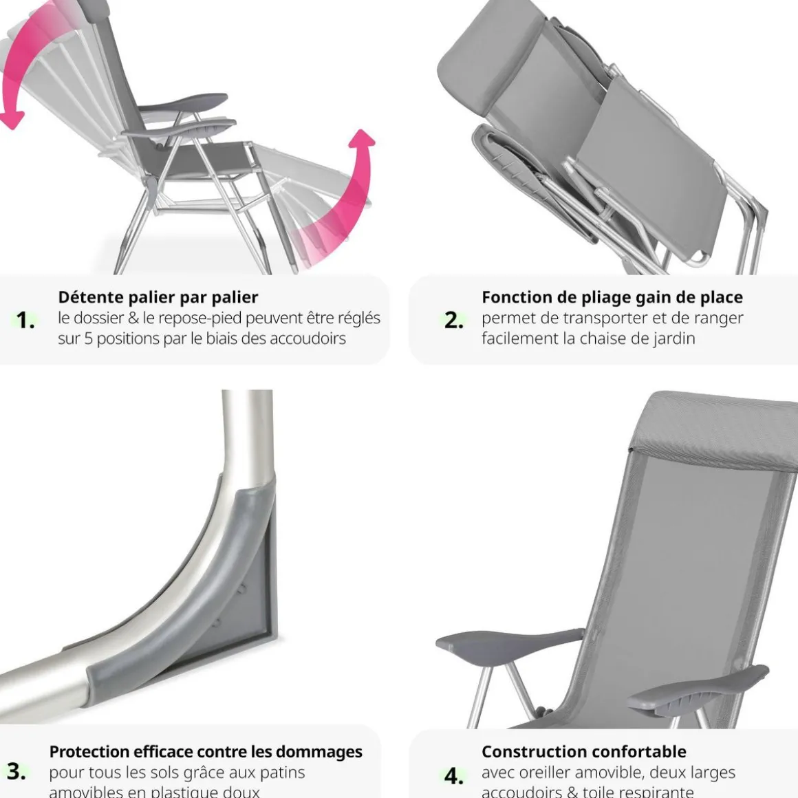 Lot de 2 chaises de jardin en aluminium avec nuque rembourrée