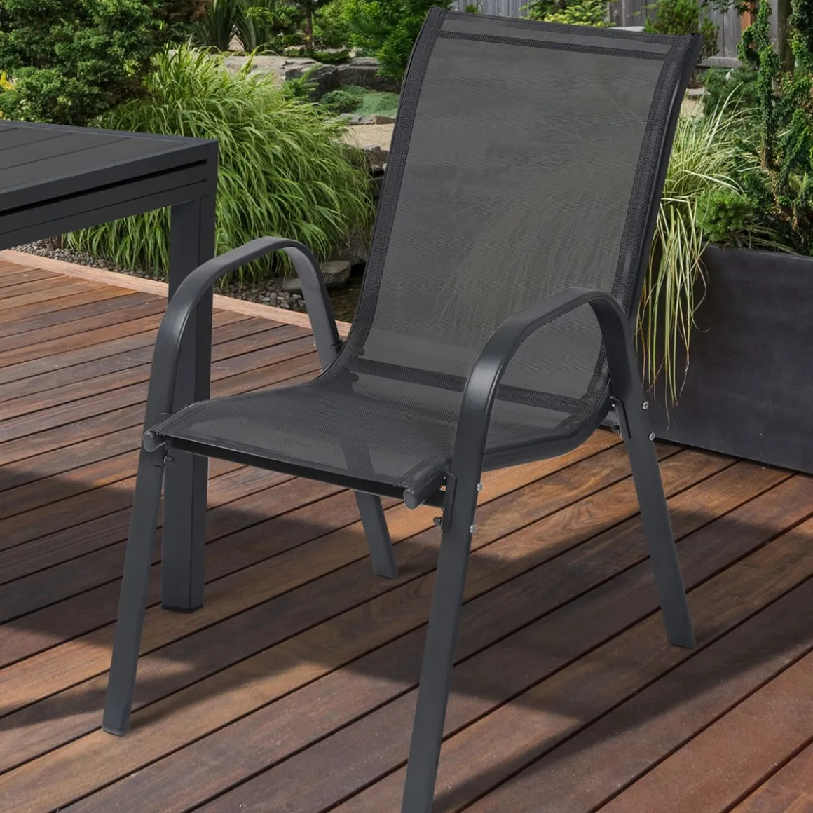 Lot de 6 chaises de jardin empilable en acier et textilène - Gris anthracite
