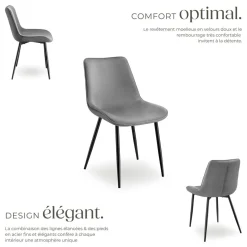 Lot de 2 chaises Rembourrées aspect velours assise Ergonomique gris
