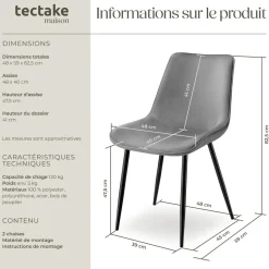 Lot de 2 chaises Rembourrées aspect velours assise Ergonomique gris