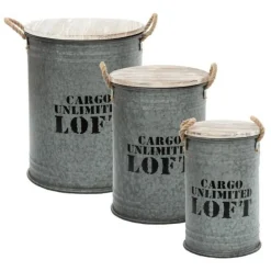 Lot de 3 Coffres Bidon Design Loft 51cm Gris