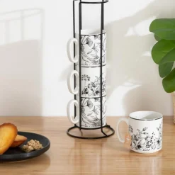 Lot de 4 Mugs sur Rack White Floral 24cl Blanc